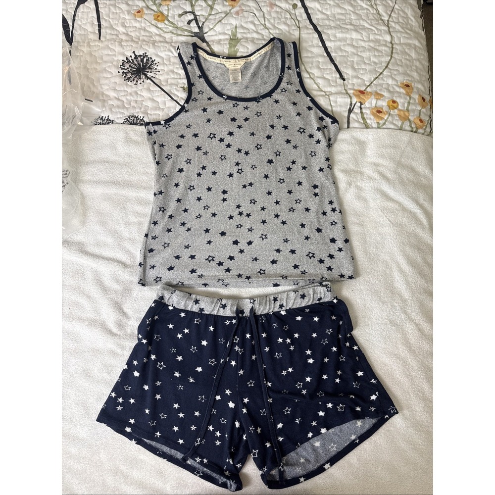 Lucky Brand Star Print Pajama Set 4pc Tank Tops Pants Shorts Size M Gray Navy